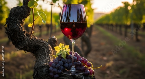 Wine glass with grapes in vineyard.