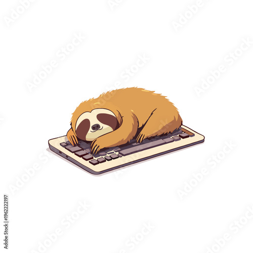 Sleeping Sloth On Keyboard Funny Lazy Animal Character. Cute Cartoon Office Worker Napping. Tired Brown Creature Relaxing, Resting. Slow Business Mascot Relax concept. Isolated Vector Art Design
