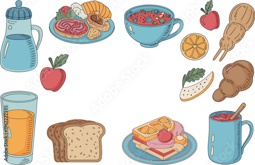 Healthy breakfast food and drink on transparent background delicious brunch meals and beverages with fruits toast. Vector illustration