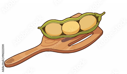 Cute cartoon soybean character on wooden spatula vector with vegan food concept isolated on white background for kids and packaging design