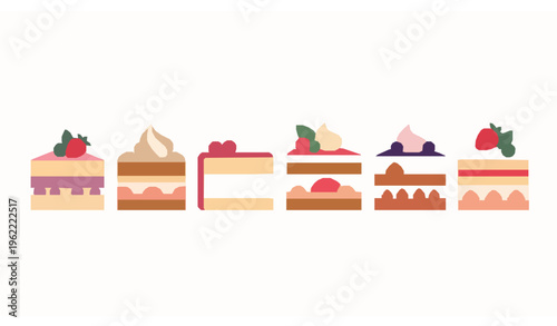 Flat layered cake slices with cream and berries vector set isolated on white background for modern food app and web design
