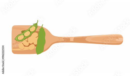 Soybean on wooden spatula flat vector illustration with vegetarian food concept isolated on white background for cooking and organic design