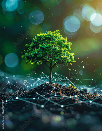 Sustainable business growth and green technology concept featuring a vibrant tree growing from a complex digital network of data points and integrated information systems