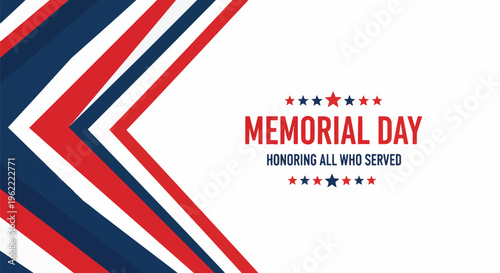 Abstract red, white, and blue geometric stripes forming an arrow with text 'Memorial Day', concept for patriotic greetings, veteran tributes and national celebrations.