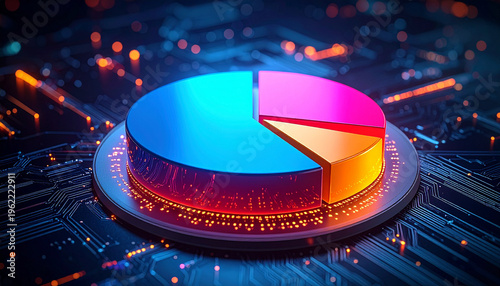 Colorful 3D pie chart segments on a glowing circuit board background conceptualizing real-time data analysis business intelligence and the integration of hardware and software