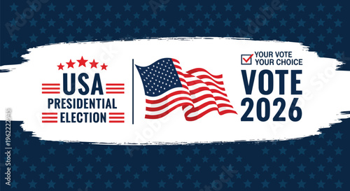 American flag waving with USA presidential election logo, patriotic background with stars, concept for voting campaign, political advertising and civic engagement.