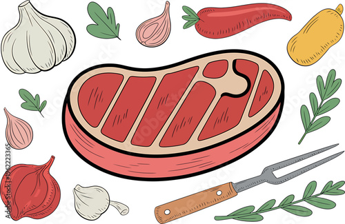 Raw steak with ingredients like garlic, onion, herbs, chili pepper, and fork. Vector illustration