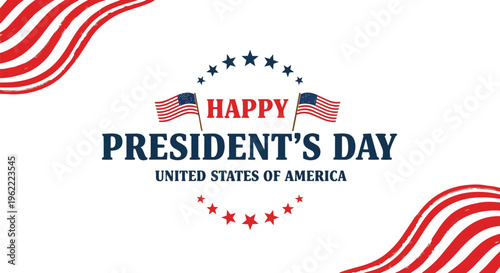 American flags, stars and text celebrating President's Day against a white background, concept for patriotic promotions, holiday greetings and political campaigns.