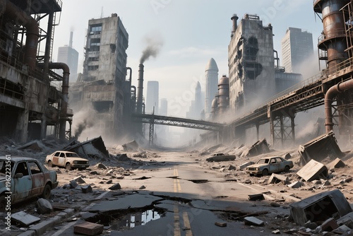 A haunting and evocative view of an eerily deserted city environment, showcasing the destruction and decay