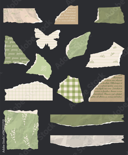 Green scrapbook torn paper set. Retro paper decor. Scraps of green vintage wrapping paper, postcards, butterfly. Vector design template for design collage.