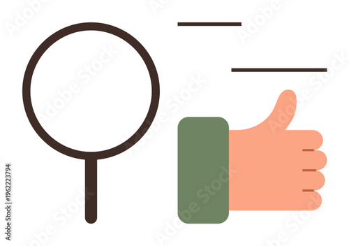 Search optimization, quality assurance, decision-making, approval processes, data analysis, validation. A magnifying glass and thumbs-up hand gesture. Search optimization and quality assurance