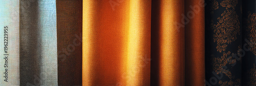 This close-up shows shiny gold and yellow curtains with soft folds. The curtains create a warm and inviting atmosphere in the room. The light highlights the texture of the fabric