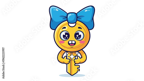 A cartoon yellow character with a blue bow holds a key on a white background with a cheerful expression.