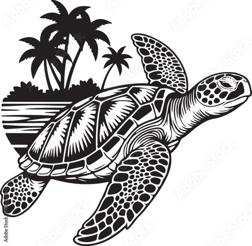 A black and white graphic illustration featuring a swimming sea turtle near a tropical island shore