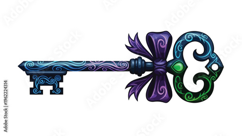 Illustration of a colorful, ornate key with purple, blue, and green swirling patterns on a white background.