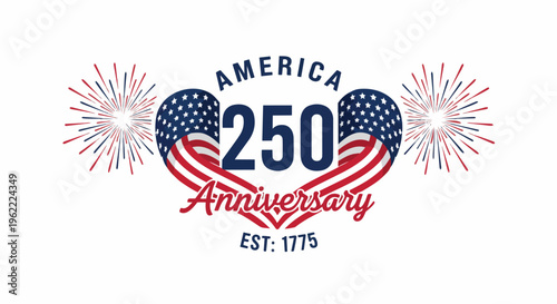 Patriotic 250th Anniversary design with American flag heart and fireworks on white background, ideal for national holiday celebrations, patriotic promotions, and historical commemorations.