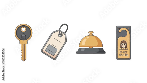 Flat lay of four hotel service icons including a key, room key tag, food bell, and do not disturb sign on a white background with a minimalist style and neutral color palette.