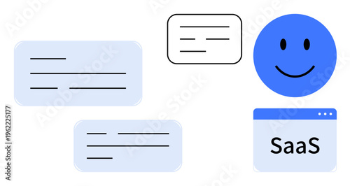 SaaS concept. SaaS ation with abstract communication elements for software applications. SaaS integration enhances efficiency, team collaboration. For tech platforms, cloud services, startups