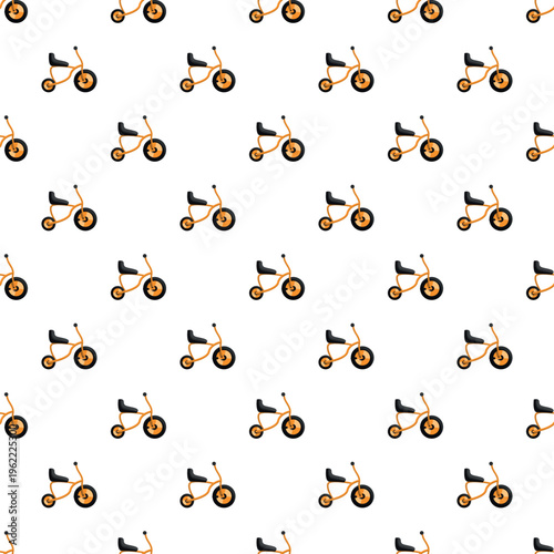 Yellow tricycles forming a playful seamless pattern on a white background