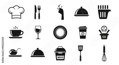 Culinary tools and food icons: Chef's hat, utensils, serving dish, and more food symbols
