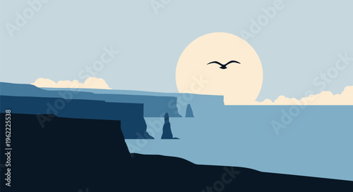 Minimalist illustration of a bird soaring over a serene ocean at sunset.