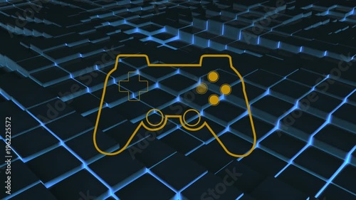 Animation of game pad controller over glowing blue squares