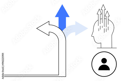 Decision-making concept. Arrows direction and a human head signifying growth in decision-making. Decision-making processes for business strategy, self-improvement, leadership, career choices, life