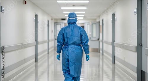Healthcare worker in protective gear walking down hospital corridor.