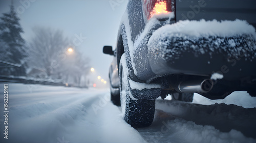 Vehicle driving on snowy road during winter blizzard