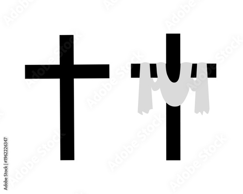 Set of minimalist Christian cross icons, including a cross with resurrection white shroud for Easter