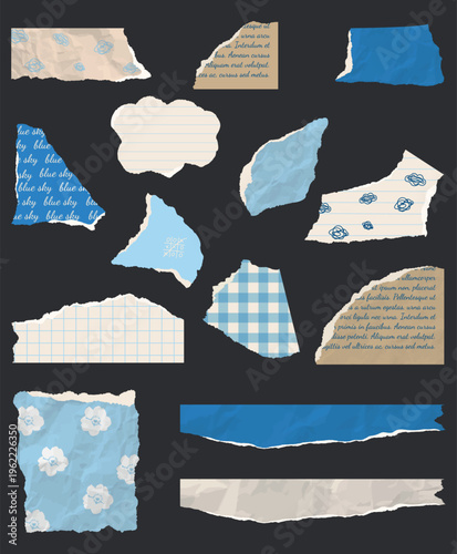Blue scrapbook torn paper set. Retro paper decor. Scraps of blue vintage wrapping paper, postcards. Vector design template for design collage.