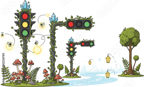 Fantasy forest traffic lights with vines mushrooms glowing fireflies and magical landscape whimsical nature vector illustration set