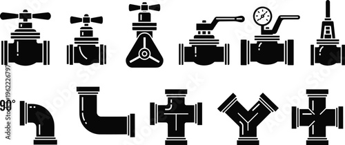 Plumbing pipe and valve icons set, industrial pipeline fittings collection, water supply system components, black silhouette vector illustration design
