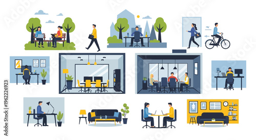 Modern Work Environments & Flexible Workforce: People Working Remotely, in Office, & Outdoors - Hybrid Employment Scenarios