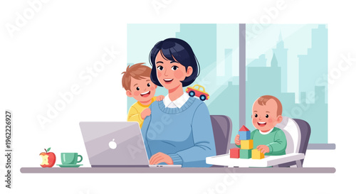 Working Mom Balancing Career & Family Life at Home Office with Happy Toddler & Baby. Remote Work & Motherhood Illustration.