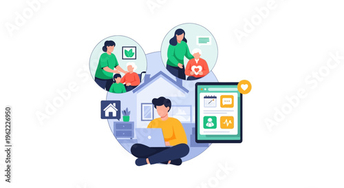 Remote Home Care Management Illustration: Digital Health, Elderly & Child Support Services, Family Well-being with Technology