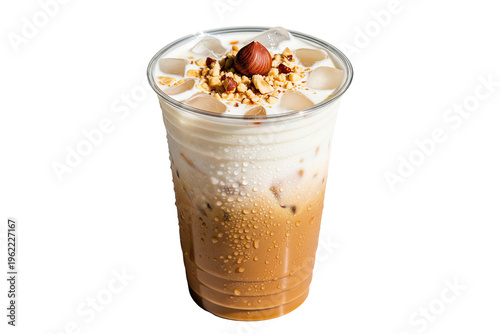 iced hazelnut latte coffee drink with crushed nuts and ice in a plastic takeaway cup isolated on a transparent background