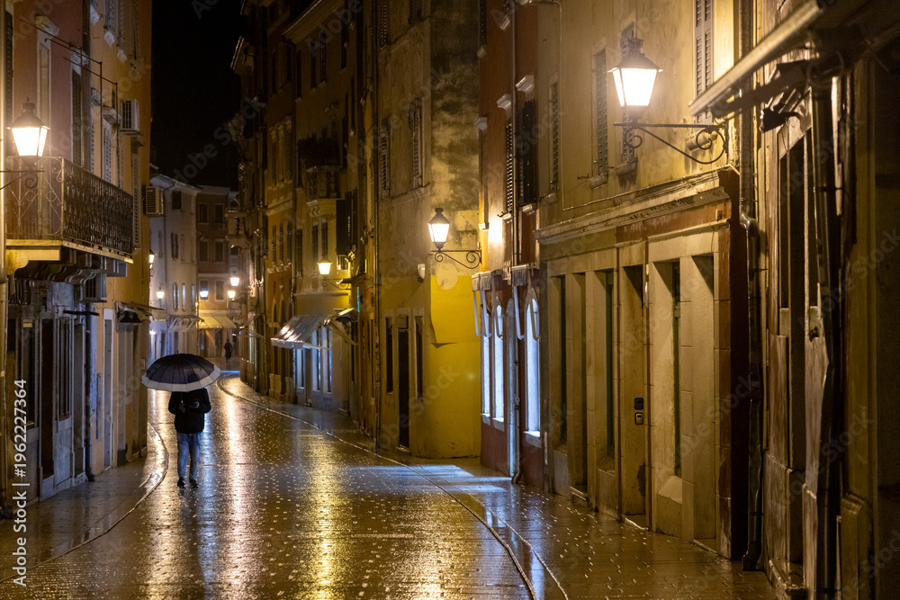 Fototapeta premium Solitary person walking with umbrella on wet street at night