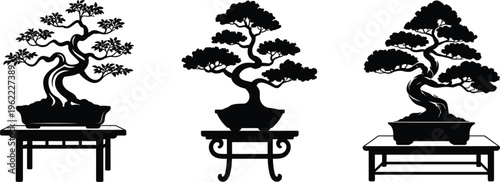 Bonsai tree silhouettes vector set, miniature Japanese plants in pots decorative nature design