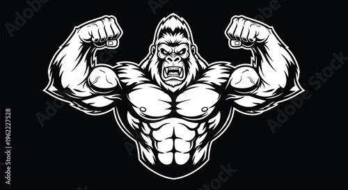 Powerful muscular gorilla mascot flexing arms, aggressive ape character, bodybuilding strength symbol, monochrome vector logo, esports mascot, fitness emblem illustration
