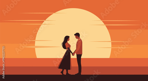 Romantic couple holding hands at sunset, symbolizing love and togetherness.