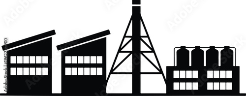 Industrial factory building silhouette vector illustration representing production, manufacturing and energy industry with chimneys and plant structures