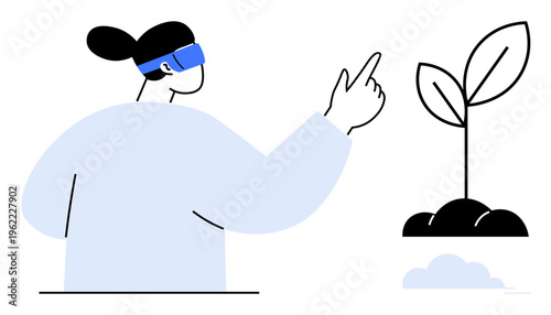 Augmented reality, sustainability, education, technology, future growth, environmental awareness. A person wearing AR glasses pointing at a plant. Augmented reality and sustainability concept