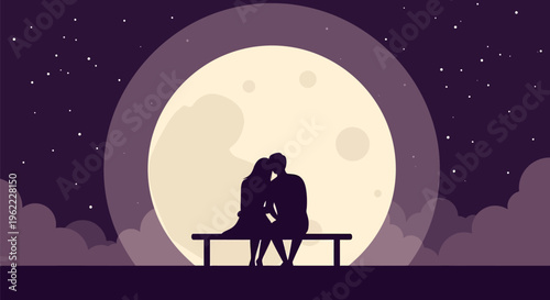 Romantic couple silhouette sitting on a bench under a full moon.