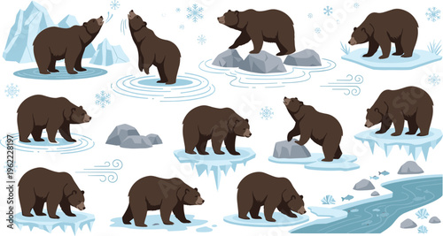 Brown bear winter activity set cartoon wildlife animals on ice floating platforms cold environment vector illustration collection