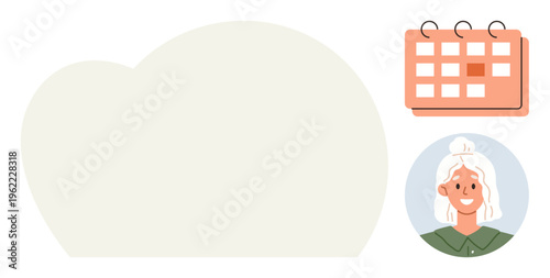 Communication, planning, time management, reminder concepts, message boards, and scheduling. Blank speech bubble with a calendar and a smiling cartoon woman. Communication and planning concepts