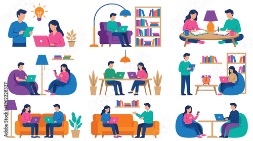 Freelance employees working remotely from home using modern gadgets.