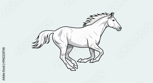 A striking white horse in full gallop, captured in a dynamic pose