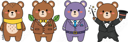 Charming Bear Set Featuring Dressed Bears in Suits, Magic Hats, and Accessories for Business, Fashion, and Fantasy Designs