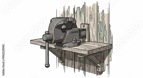 A sturdy metal vise clamped to a rustic wooden shelf mounted on a rough wooden wall
